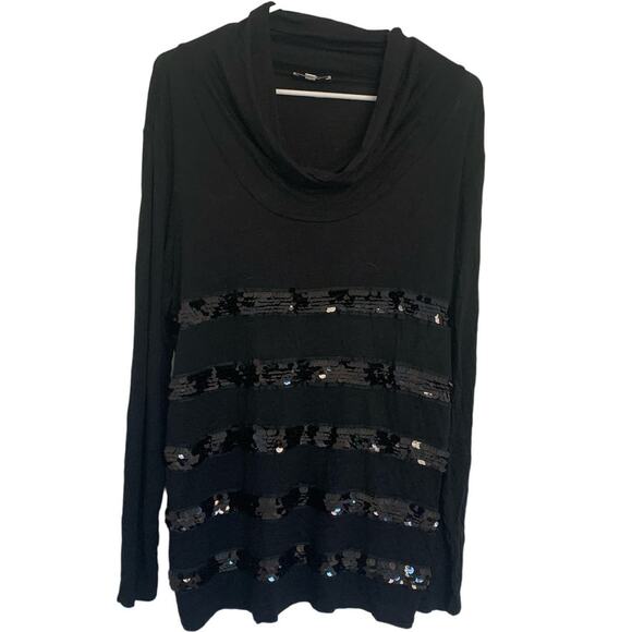 Y2K Sequin Top XL Black Long Stretch Tunic Cowl Neck Goth Grunge - Picture 2 of 7